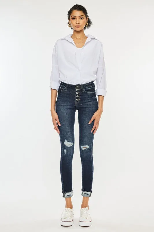 Kan Can High Rise Button Down Cuffed Ankle Skinny Jeans