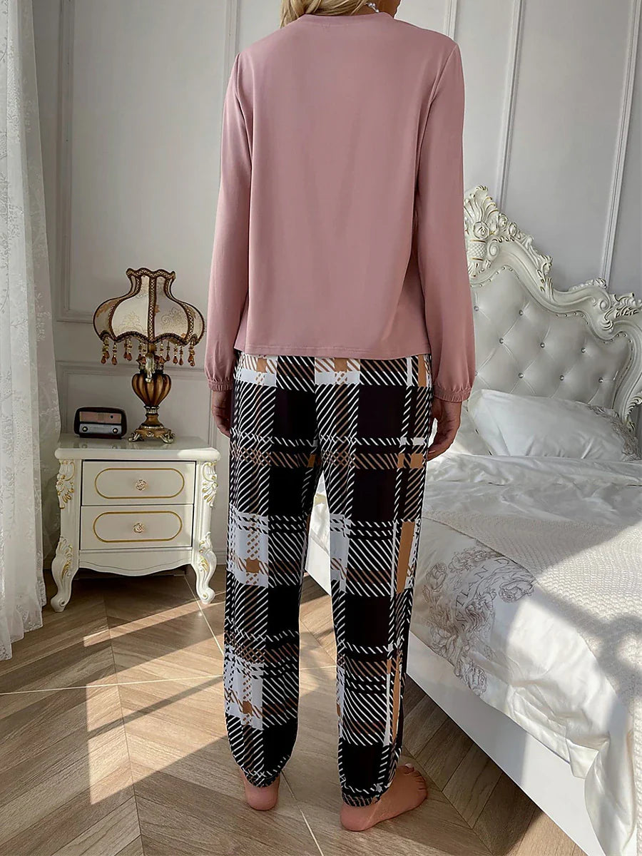 Lotus Pink Heart Grid / Plaid Women's Cozy Lounge Set