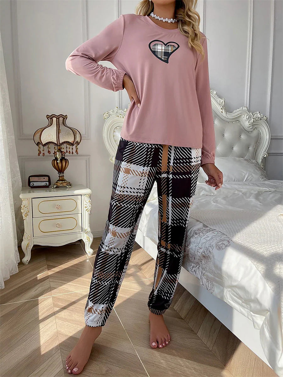 Lotus Pink Heart Grid / Plaid Women's Cozy Lounge Set