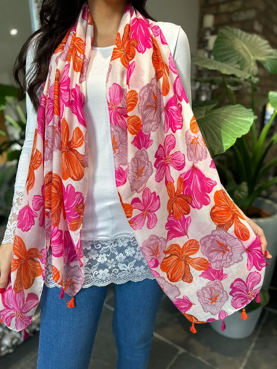 Pink Plumeria Flower Raw Edge Scarf