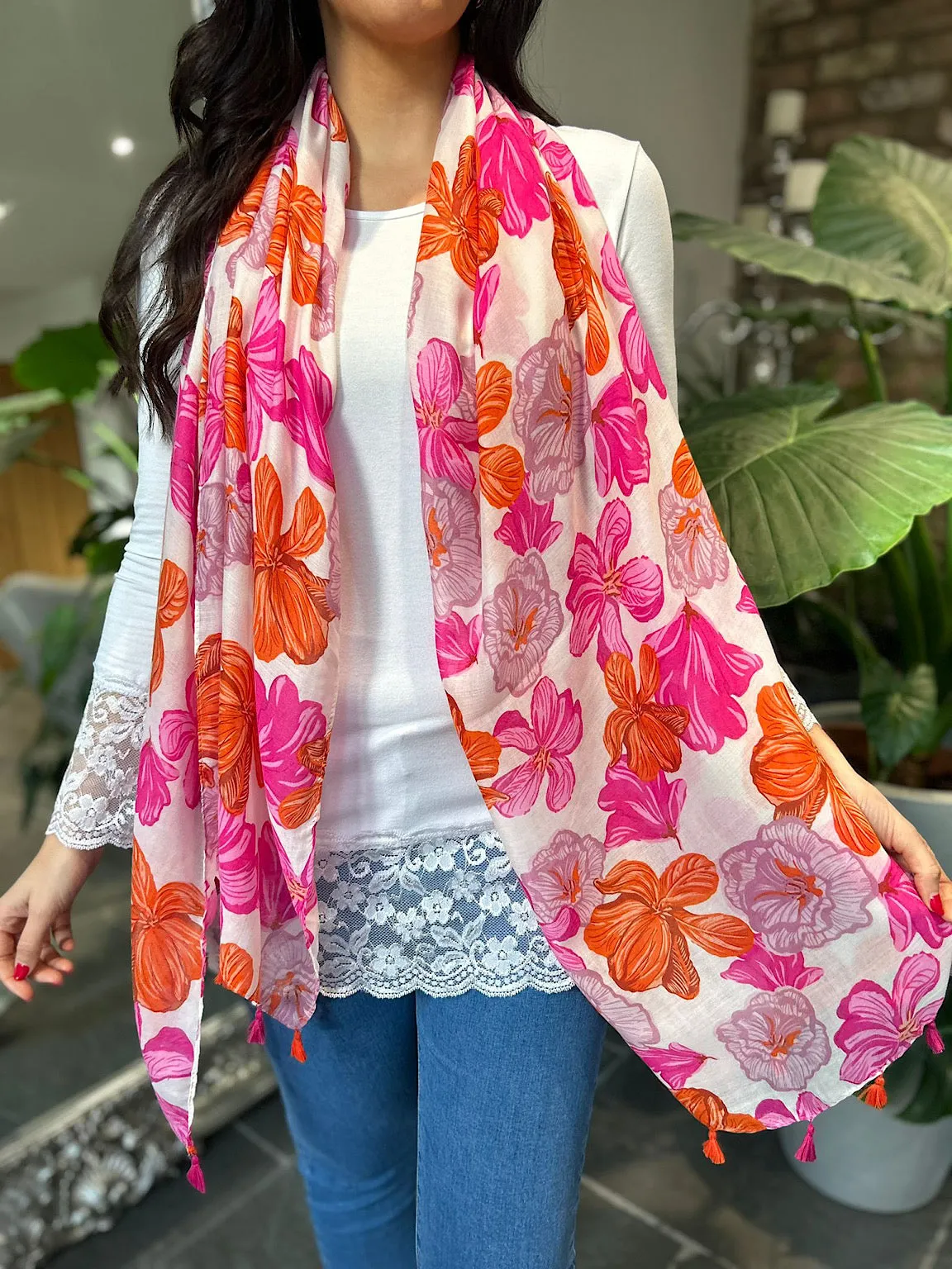 Pink Plumeria Flower Raw Edge Scarf