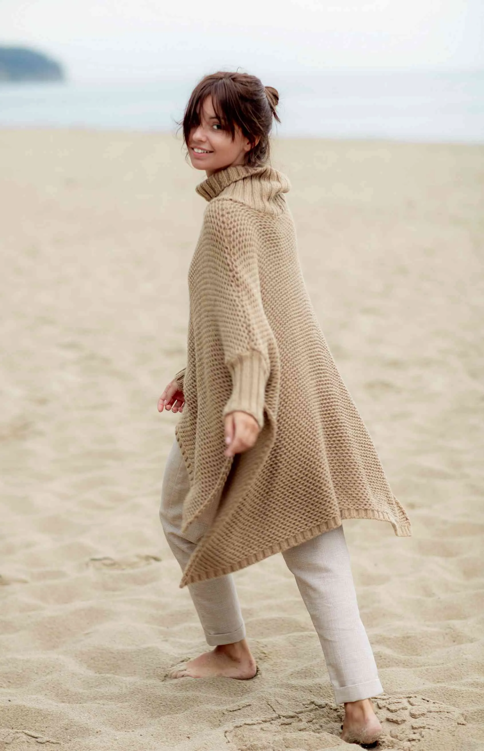 Poncho femme camel