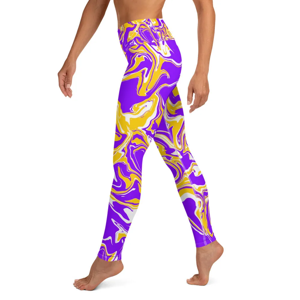 Purple Gold and White Oil Spill High-Waisted Yoga Leggings