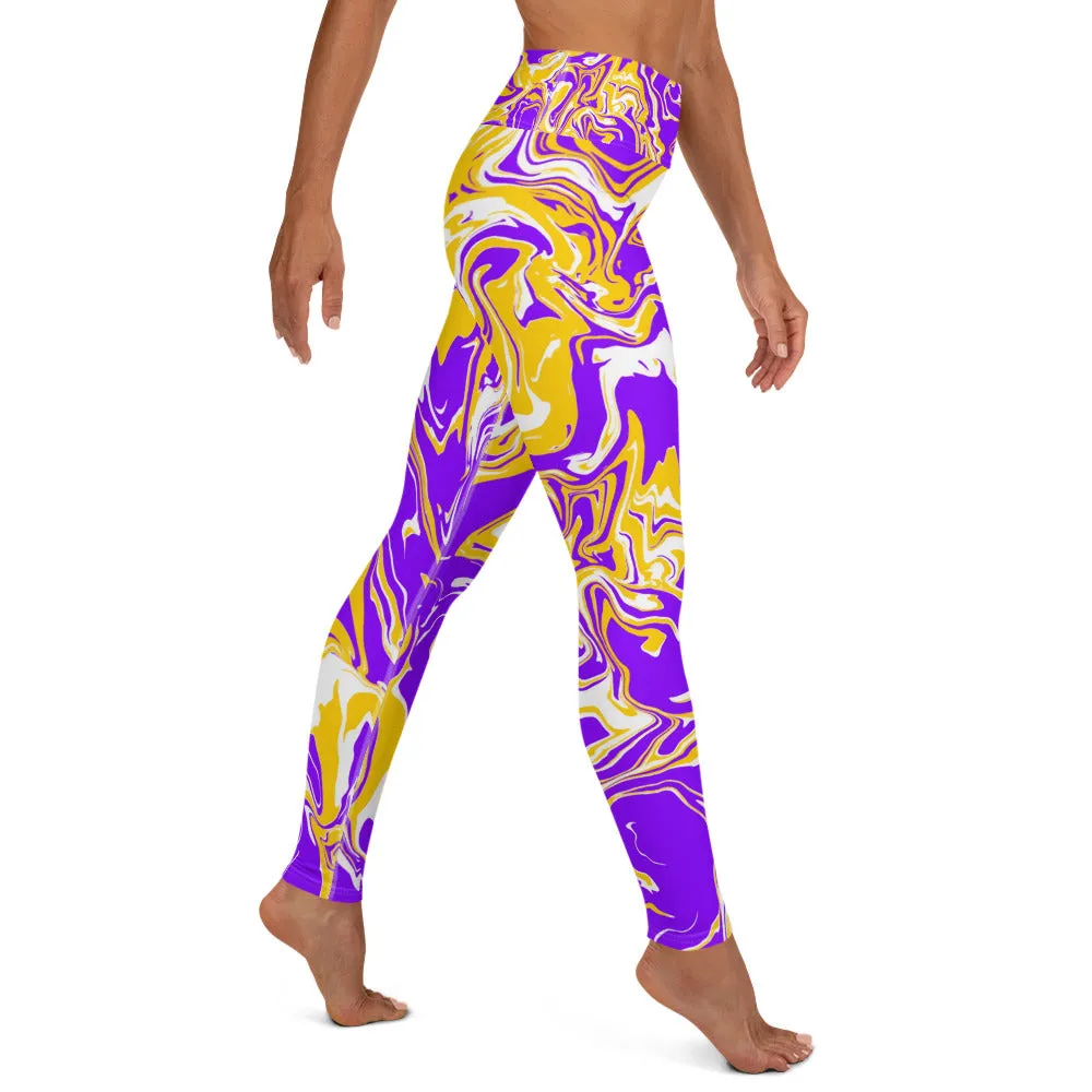 Purple Gold and White Oil Spill High-Waisted Yoga Leggings