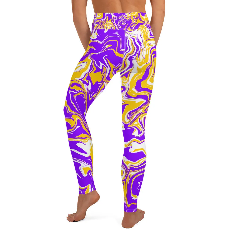 Purple Gold and White Oil Spill High-Waisted Yoga Leggings