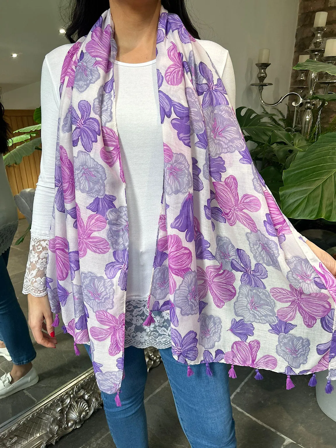 Purple Plumeria Flower Raw Edge Scarf