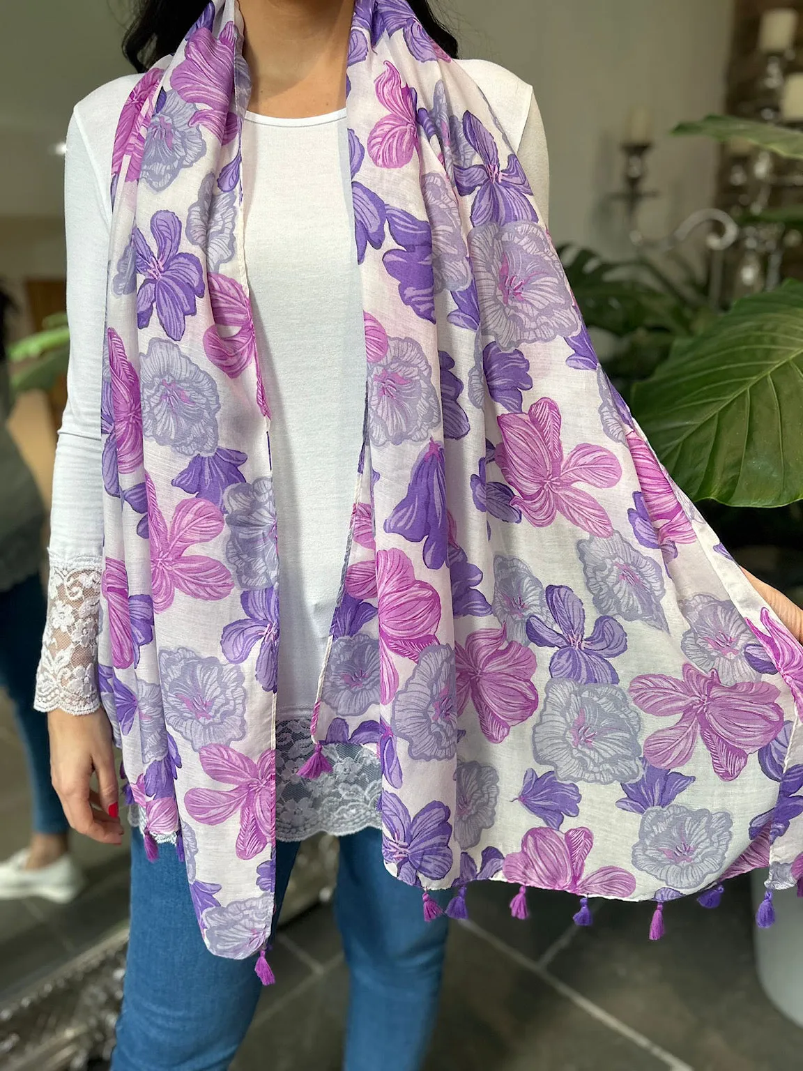 Purple Plumeria Flower Raw Edge Scarf