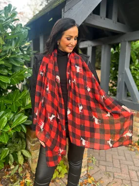 Red & Black Reindeer Print Tartan Scarf