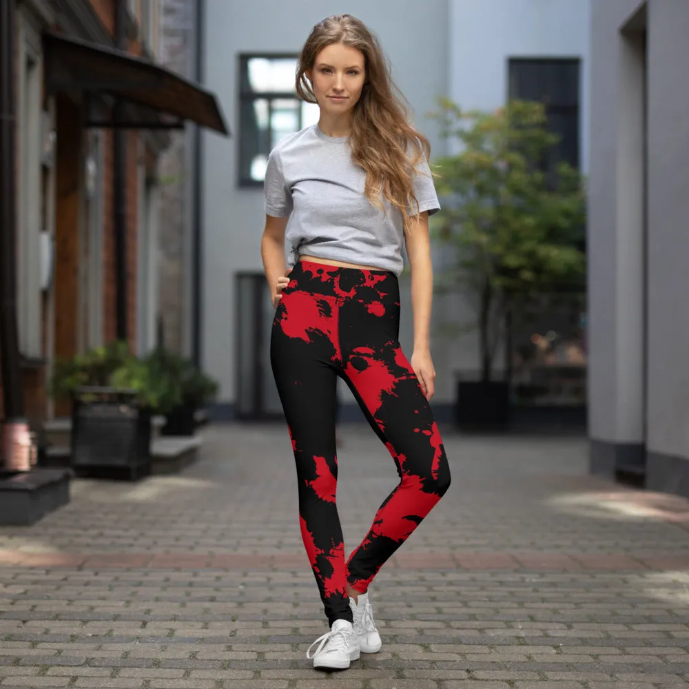 Red and Black Paint Splatter High-Waisted Yoga Leggings