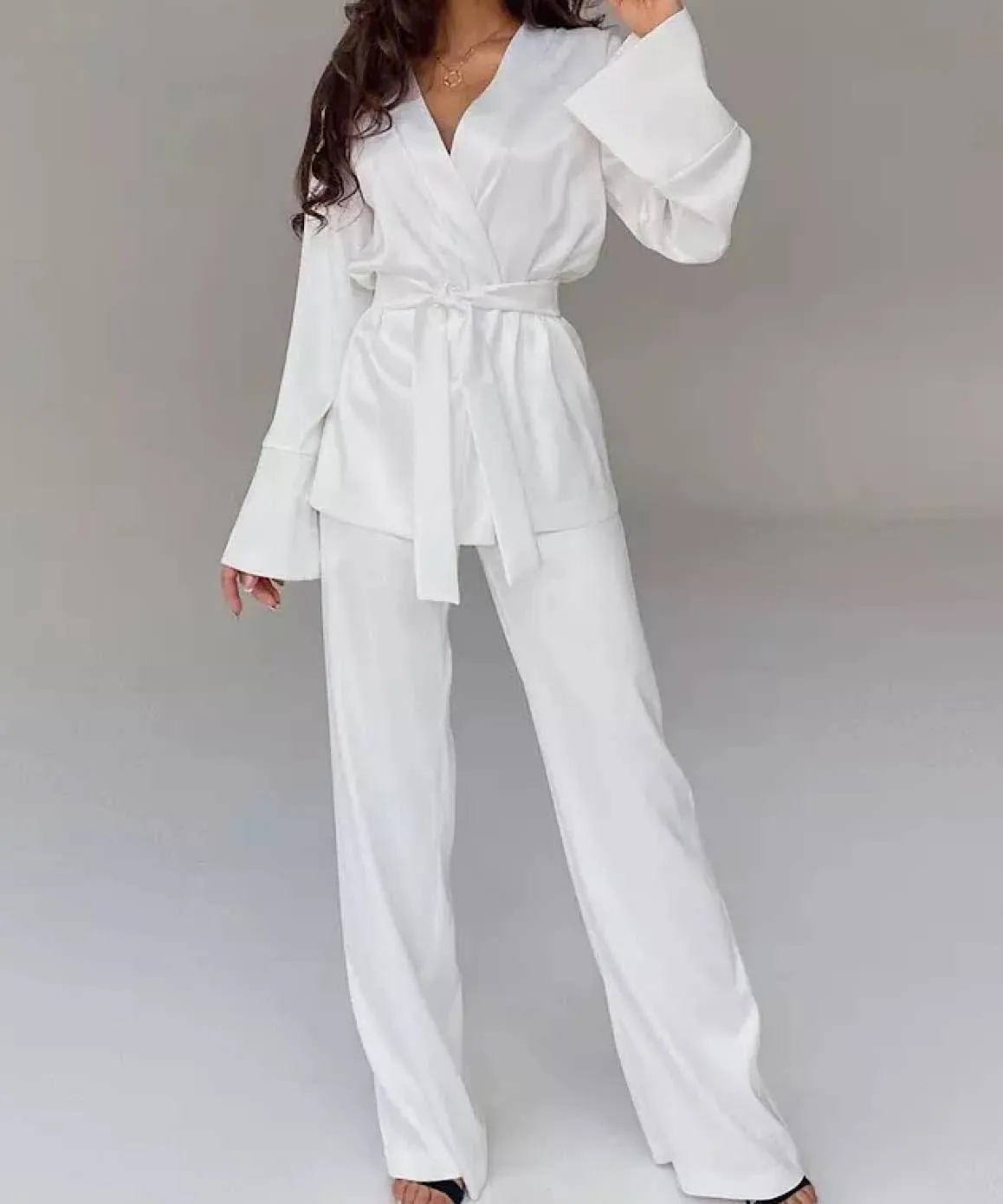 Satin Robe and Trousers Loungewear Set In Black