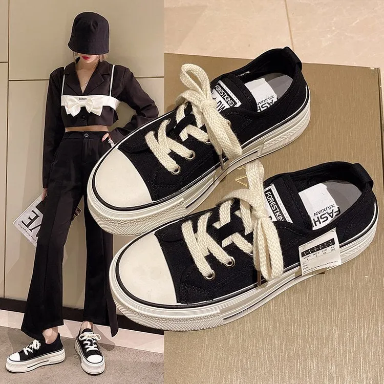 Summer Fashion Solid Pattern Lace Up Closure Shallow Canvas Shoes