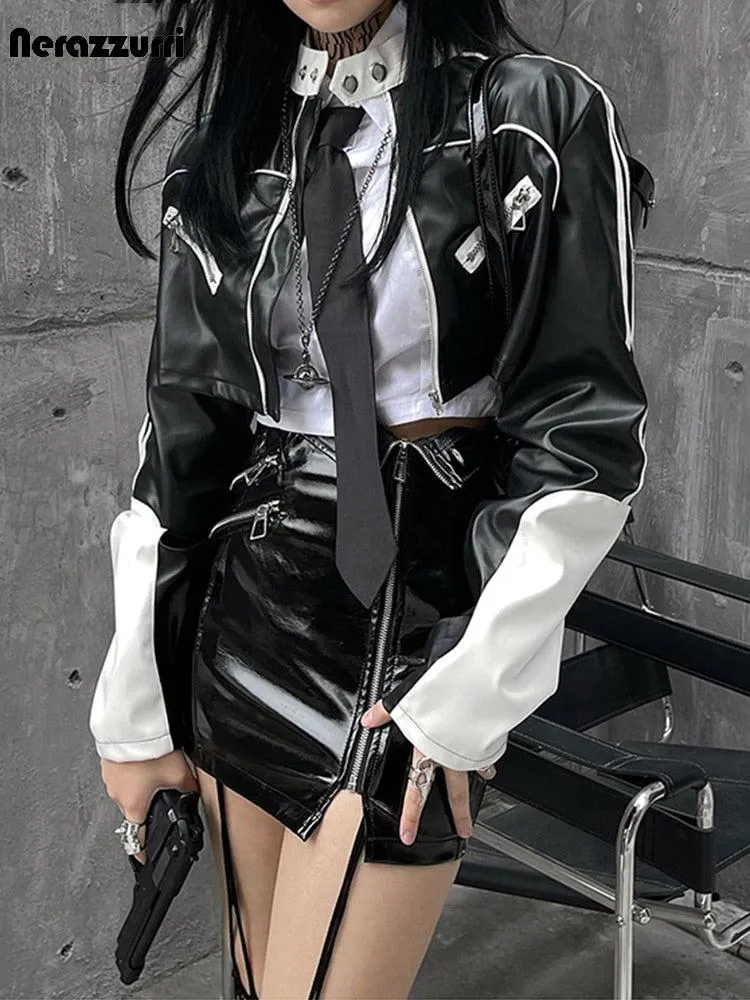 Two Piece Sets Womens Shine Patent Leather Mini Skirt