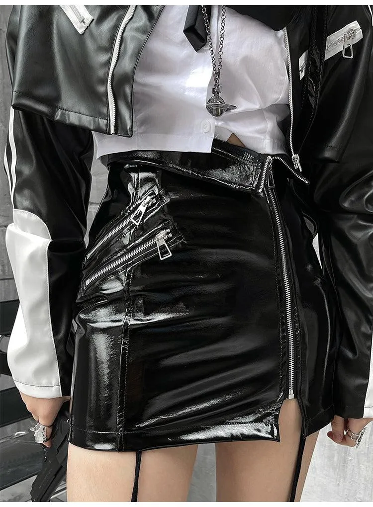 Two Piece Sets Womens Shine Patent Leather Mini Skirt