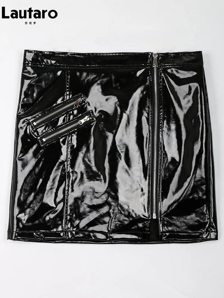 Two Piece Sets Womens Shine Patent Leather Mini Skirt