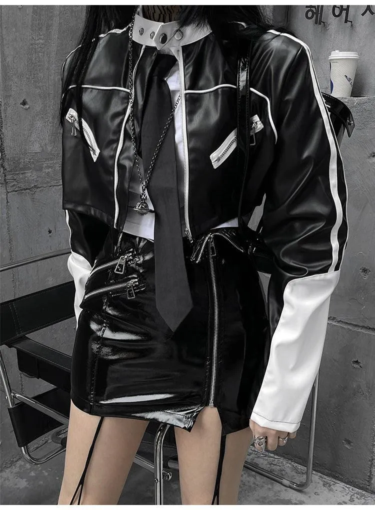 Two Piece Sets Womens Shine Patent Leather Mini Skirt