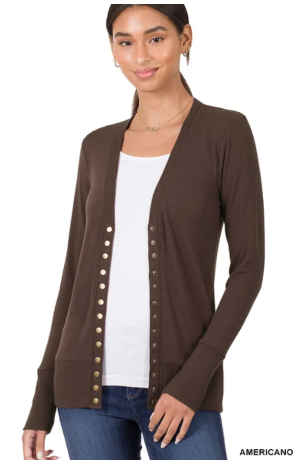 V-Neck Long Sleeve Cardigan in Americano