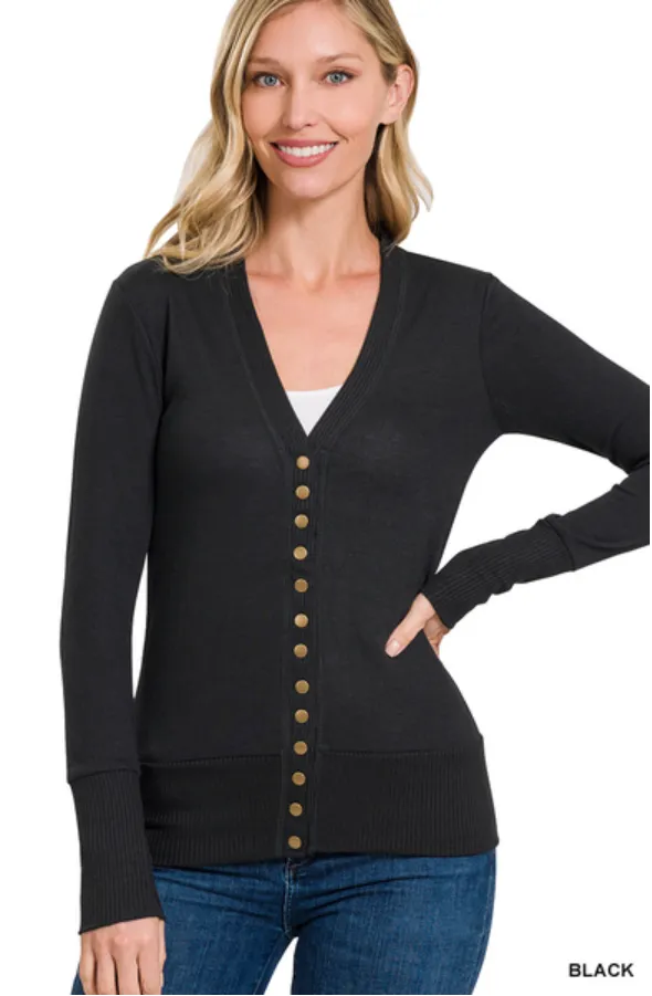 V-Neck Long Sleeve Cardigan in Black