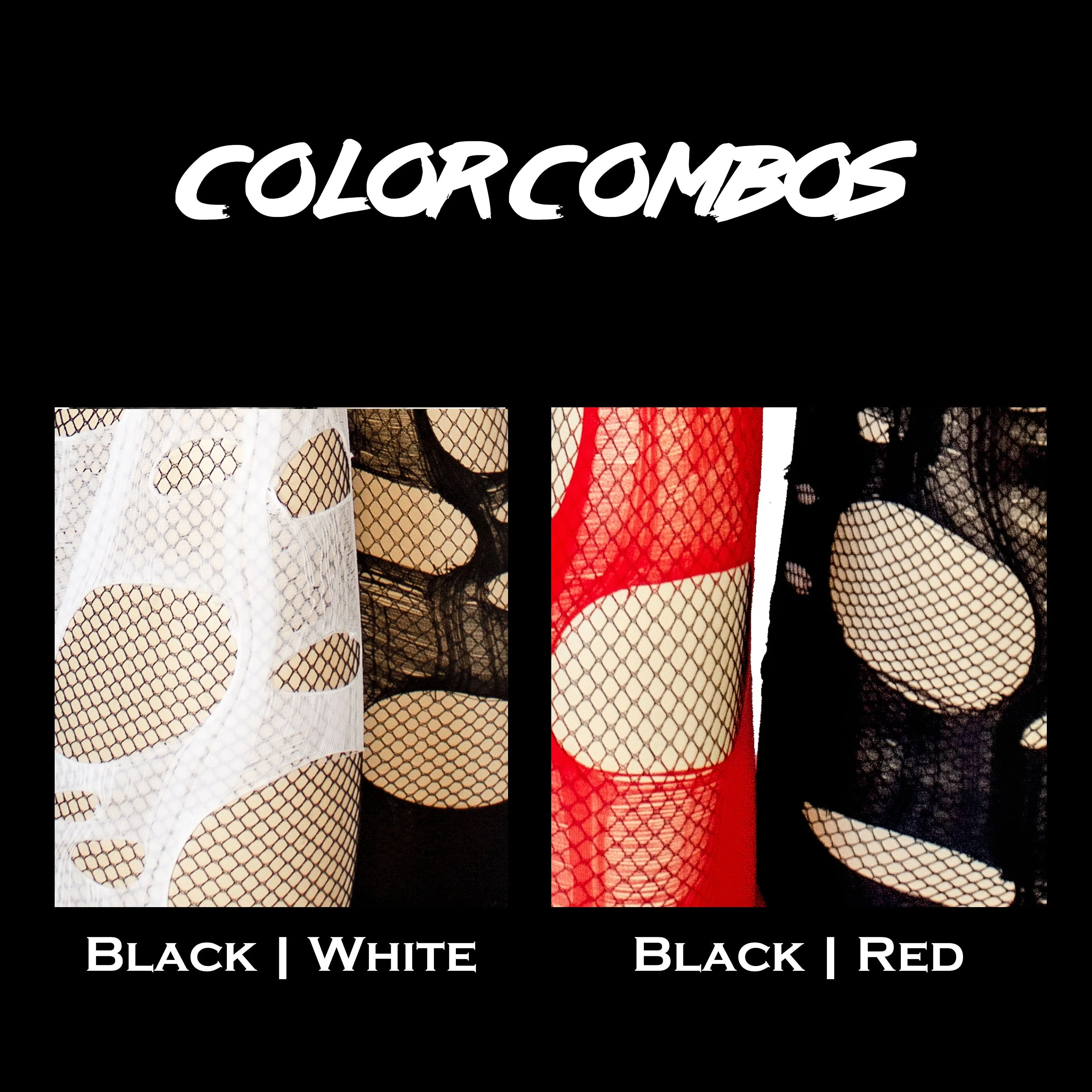 white black half n half tattered & torn fishnet tights