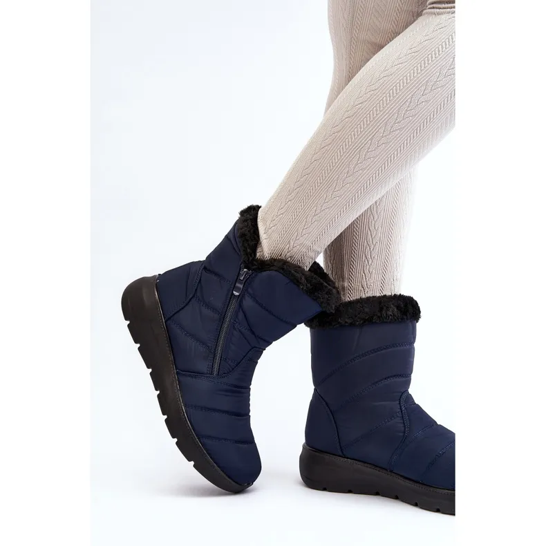 Women's Snow Boots With Zipper With Fur, Navy Blue Zeuna