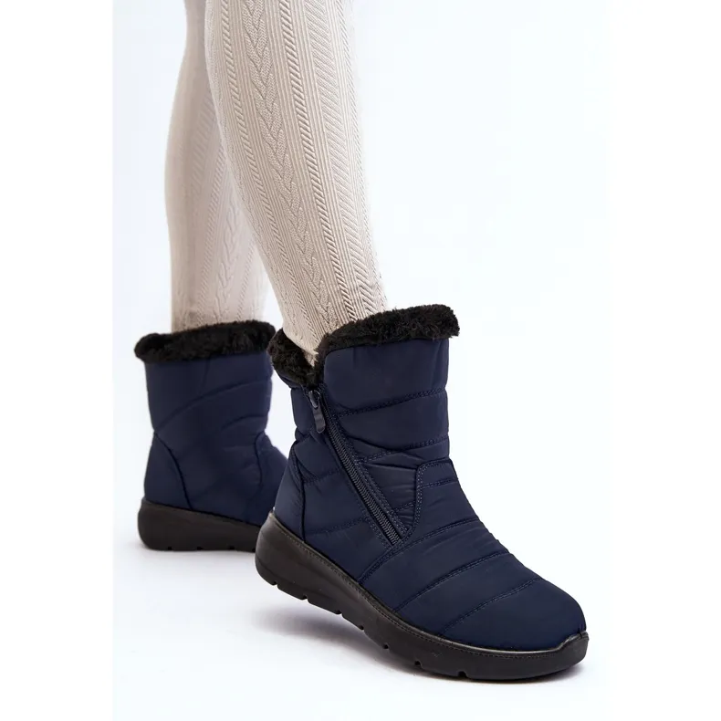 Women's Snow Boots With Zipper With Fur, Navy Blue Zeuna