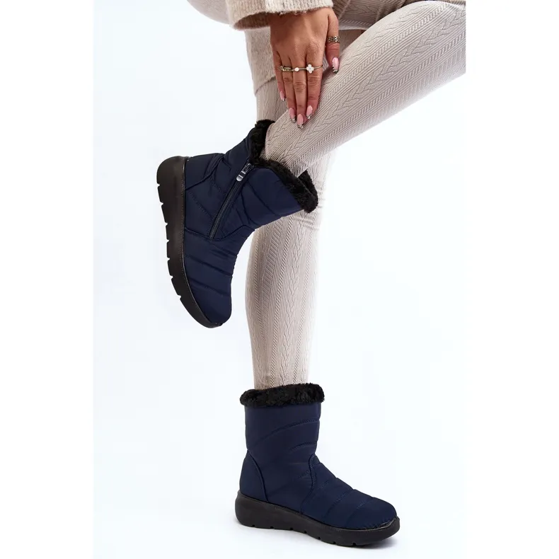 Women's Snow Boots With Zipper With Fur, Navy Blue Zeuna