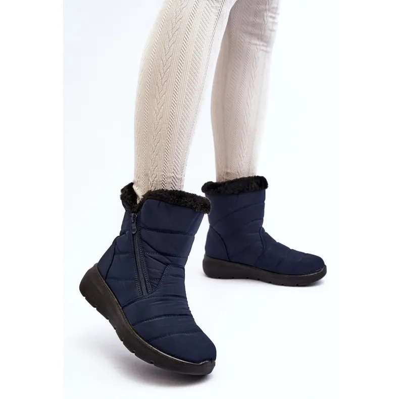 Women's Snow Boots With Zipper With Fur, Navy Blue Zeuna