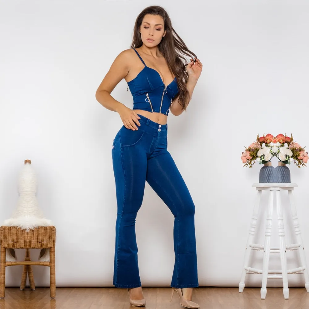 Women's Dark Blue Push-Up Zipper Top Middle Waist Flare Jeans Yoga 2pc Set