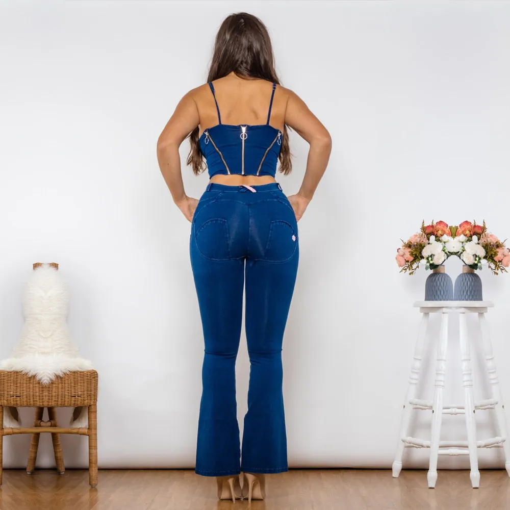 Women's Dark Blue Push-Up Zipper Top Middle Waist Flare Jeans Yoga 2pc Set