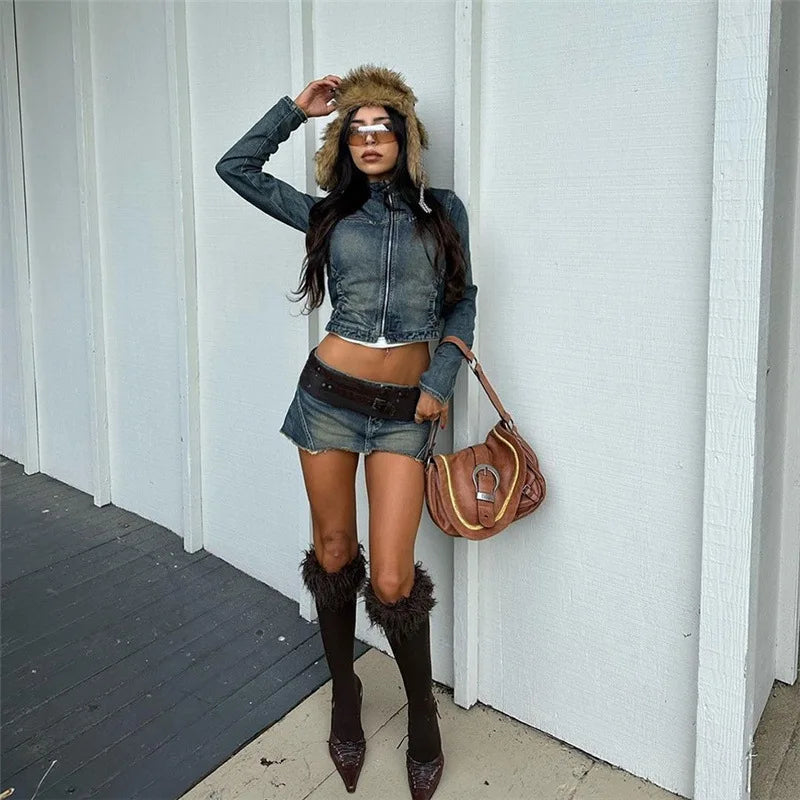 Women's Denim Bodycon Zip Up Crop Jacket Distressed Mini Skirt Two Piece Set