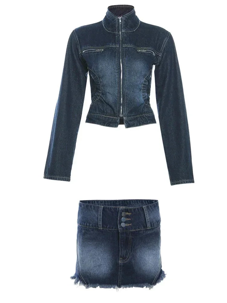 Women's Denim Bodycon Zip Up Crop Jacket Distressed Mini Skirt Two Piece Set