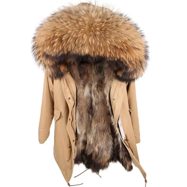 Women's Long XL Winter Parka Jacket with Natural Raccoon Fur Hood on Clearance