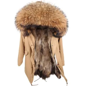 Women's Long XL Winter Parka Jacket with Natural Raccoon Fur Hood on Clearance