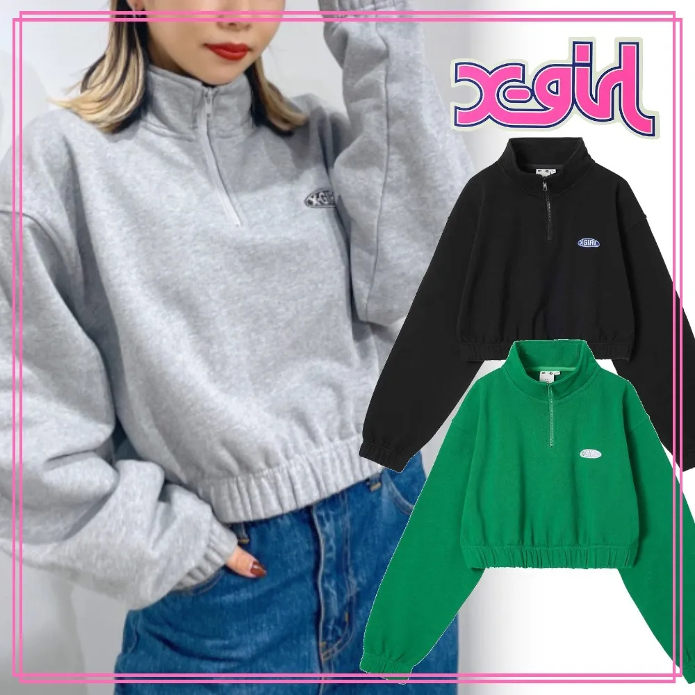 X-girl  |Sweat Street Style Long Sleeves Plain Cotton Logo